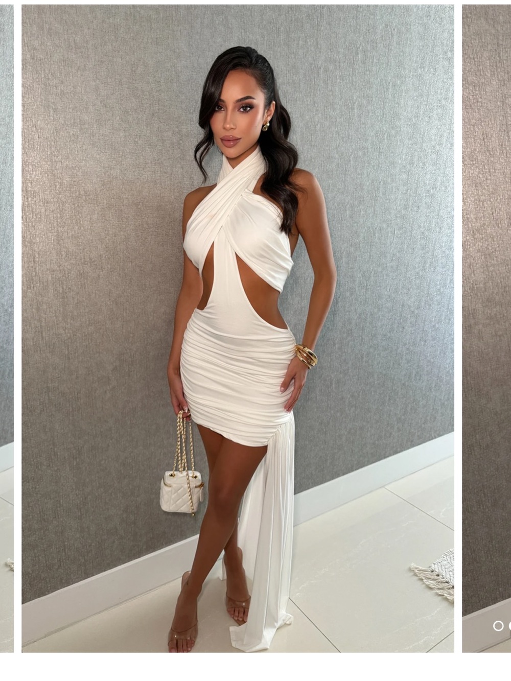 NWT White Ruched Cutout Halter Dress -